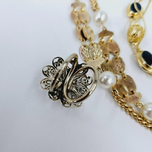 Assorted Bundle of Costume Jewelry Necklaces Rings Stick Pen Gold Metal Art Deco - Picture 3 of 15